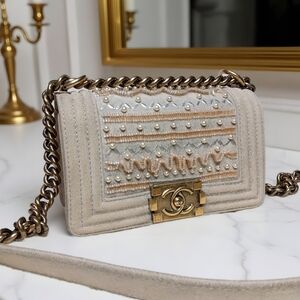 Chanel Small Boy Bag Beige Suede Pearl Beaded Limited Edition ✨